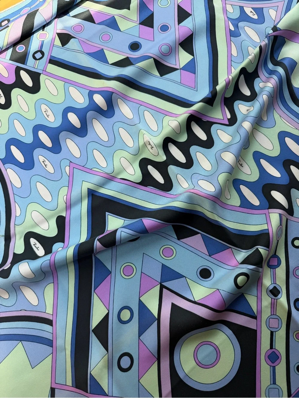Emilio Pucci Vivara 70s Silk Geometric Pattern Scarf in Blue and Lavender 34x34”